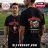 Man wearing a black Portugal World Cup 2026 t-shirt with a soccer ball, trophy, and red and green team crest graphics.!