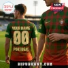 Custom Portugal soccer jersey with green and red plaid pattern, gold lettering, and World Cup 26 branding on field.!
