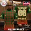 Custom Portugal soccer jersey with red and green plaid pattern, gold lettering, Nike logo, and FPF crest on wooden rack.!