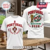 White Portugal FIFA World Cup 2026 crewneck t-shirt with red and green soccer graphics, crest, and trophy on back and front.!