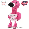 Pink crochet flamingo plushie holding a white sign that reads You Are Totally Flamazing And Flocking Fabulous.!