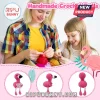 Woman and child crocheting yarn dolls next to three circular insets featuring a pink handmade amigurumi flamingo toy.!