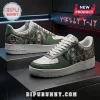 Custom low-top sneakers featuring Predator Yautja artwork, green reptilian-textured panels, white soles, and red neon text.!