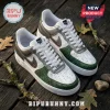 Custom green and metallic grey sneakers with crocodile-textured overlays and Punisher skull logo on a wooden background.!