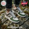 Predator themed sneakers featuring white, metallic silver, and green crocodile texture on a rocky mossy forest background.!