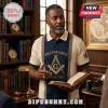 Middle-aged man wearing navy and cream polo shirt with Masonic Square and Compasses embroidery in a library setting.!