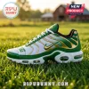 Green, gold, and white Nike Air Max sneaker featuring text Nothing Runs Like A Deere on grass in front of a red barn.!