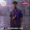 Man wearing a purple button-down shirt featuring Prince Purple Rain graphic art, roses, and gold symbols on a cobblestone.!