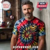 Premium Superman Man of Steel Tie Dye T-Shirt featuring a red, yellow, and blue spiral pattern and metallic chest logo.