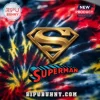 Premium Superman Man of Steel tie dye t-shirt with a metallic gold S-shield logo against red, yellow, and blue fabric.