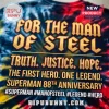 Premium Superman Man of Steel tie dye t-shirt featuring golden typography on a swirling blue, black, and red background.