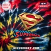 Premium Superman Man of Steel Tie Dye T-Shirt featuring a gold 3D chest emblem on a red, black, and yellow swirl fabric.