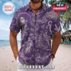 Prince Purple Toile Short Sleeve Button Down Shirt featuring a repeat motif of Prince, doves, and guitars on a beach.