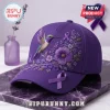 Purple Floral Hummingbird Alzheimer's Awareness Support Cap featuring embroidered flowers, a hummingbird, and ribbon icons.