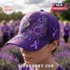 Purple Floral Hummingbird Alzheimer's Awareness Support Cap featuring embroidered flowers, a hummingbird, and purple ribbons.