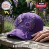 Purple Floral Hummingbird Alzheimer's Awareness Support Cap featuring purple embroidery, flowers, and awareness ribbons.