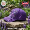 Purple Floral Hummingbird Alzheimer's Awareness Support Cap featuring embroidered flowers and lavender awareness ribbons.
