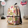 Tangled themed backpack with Rapunzel and Pascal pattern, pink flowers, and golden lanterns on a white fabric base.!