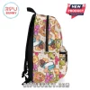 Backpack with cartoon princess, green lizard, purple flowers, and lanterns on a cream background with black straps.!