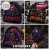 Rob Zombie Halloween Beanie Hat 2026 featuring gothic graphics, vibrant character art, and text on a knitted fabric base.