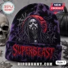 Rob Zombie Halloween Beanie Hat 2026 featuring a purple knit design, graphic print of Rob Zombie, red moon, and text.