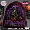 Rob Zombie Halloween Beanie Hat 2026 featuring a purple and black knit design with a haunted house and gothic text.