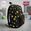 Black backpack featuring a pattern of gold circular currency icons, small colorful cubes, and lightning bolt shapes.!