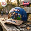 Roblox blue trucker hat with 3D character patches including a robot, pirate, and builder on a wooden park bench.!