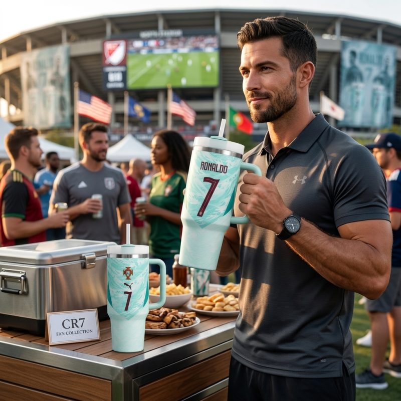 Close-up of the tapered base of the Cristiano Ronaldo Portugal 40 OZ Stainless Steel Tumbler fitting perfectly into a standard vehicle cup holder