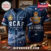 Blue Royal Canadian Air Force baseball jersey with RCAF logo, fighter jets, maple leaves, and customizable name field.!