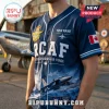 Navy blue RCAF baseball jersey with fighter jet graphics, Canadian flag patch, and Royal Canadian Air Force lettering.!