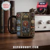 Rush Stained Glass Art Ceramic Mug featuring band album artwork, 2112 logo, and geometric patterns on a black background.