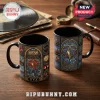 Rush Stained Glass Art Ceramic Mug featuring band album artwork in a vibrant mosaic pattern on a black background.
