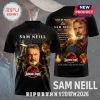 Black all-over print t-shirt featuring Sam Neill, Jurassic Park logo, and In Loving Memory text graphic.!