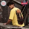 Man wearing a yellow oversized t-shirt with a Billy the Puppet Saw graphic, gears, and text Every choice has a cost.!