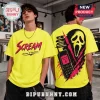 Neon yellow cotton t-shirt with Scream movie graphics featuring Ghostface mask and vintage phone on the back.!