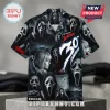 Short sleeve button-down shirt featuring Ghostface mask collage, Scream 30th anniversary text, and bloody knife graphics.!