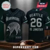 Seattle Mariners Jimothy Raccoon Mascot Baseball Jersey in black with teal accents, front and back views on display.