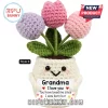 Crocheted tulip potted plant toy holding a sign that reads Grandma I love you with green leaves and a white base.!