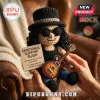 Crocheted Slash doll wearing a black top hat, sunglasses, and holding a small brown guitar with an attached text card.!