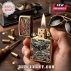 Gold-tone metal lighter featuring Smokey and the Bandit 50th anniversary artwork, lit flame, and textured Pontiac Firebird.!