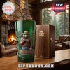 Green glass tumbler featuring Smokey Bear, pine tree reliefs, and text reading Only You Can Prevent Wildfires in a wood box.!