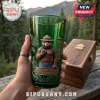 Green glass tumbler featuring embossed Smokey Bear, fire tower, pine needles, and Only You Can Prevent Wildfires text.!