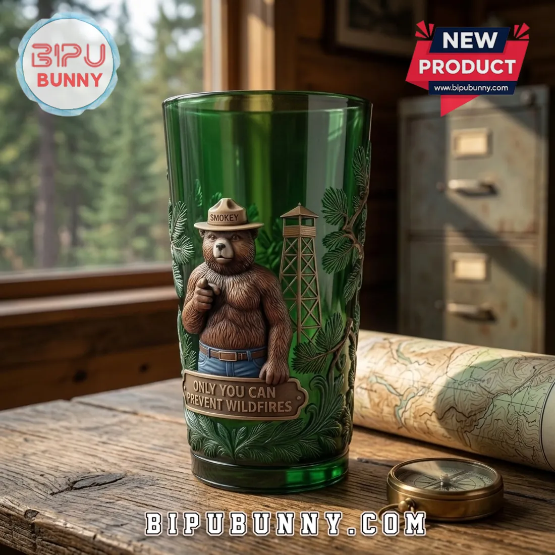 Smokey Bear Embossed Green Glass Tumbler Smokey Bear Embossed Green Glass Tumbler