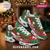 Snoopy Christmas sneakers with green and red patterns, white laces, and thick white soles in a holiday room setting.!