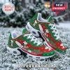 Snoopy Christmas sneakers with green and red holiday patterns, white soles, and festive Peanuts character graphics.!