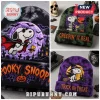 Snoopy Halloween 2026 Beanie Hat featuring embroidered vampire and witch Peanuts characters on purple and black knit.