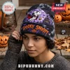 Snoopy Halloween 2026 Beanie Hat featuring a vampire Snoopy graphic, purple moon, haunted house, and tie-dye black knit.