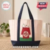 Pink and white striped canvas tote bag featuring Snoopy sleeping on a red Trader Joe's doghouse with dark blue handles.!