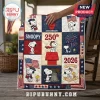 Snoopy 250th anniversary quilt featuring patriotic red, white, and blue graphics with US flags and Woodstock characters.!